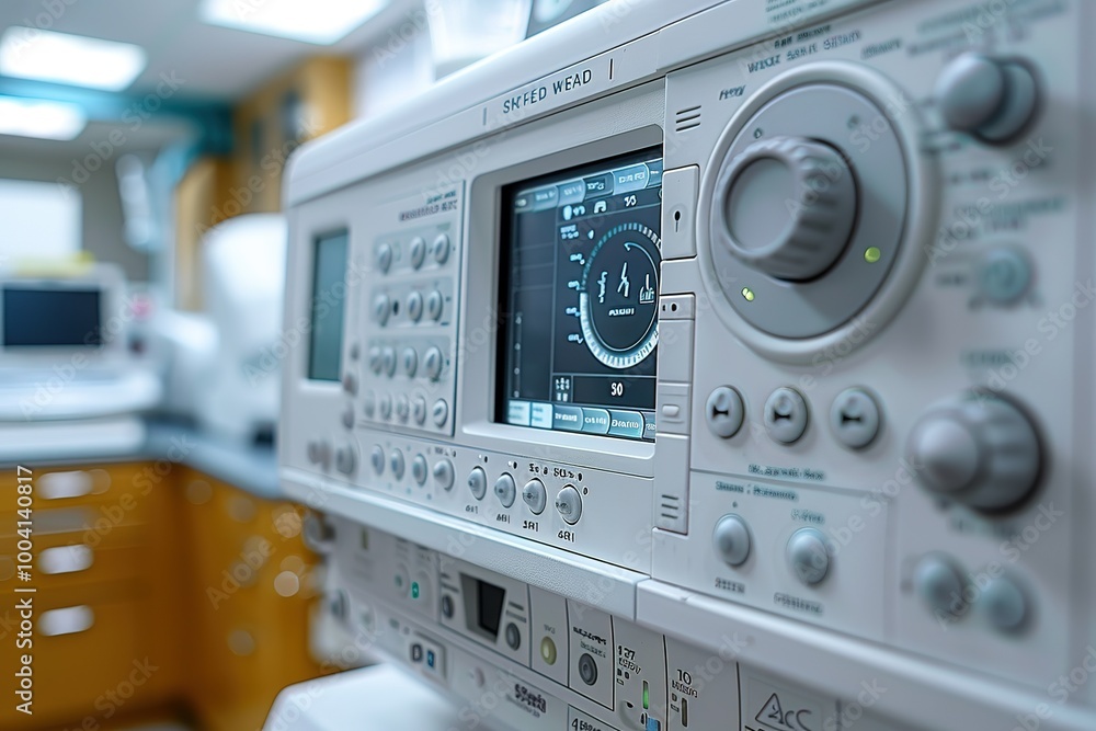 Obraz premium A white electronic device with a green screen and a black button