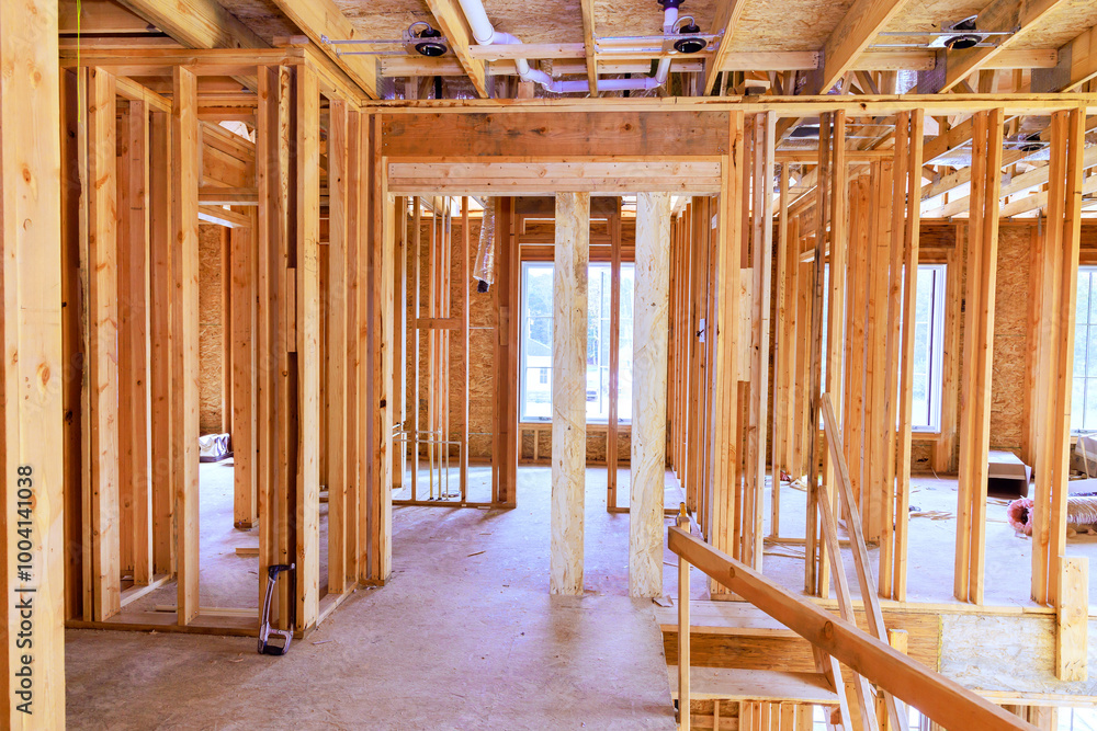 Fototapeta premium Beam is supported by wooden stud timber framing in interior of newly constructed house.