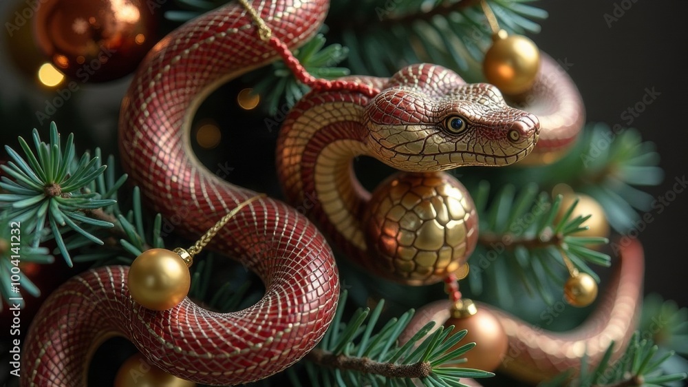 Fototapeta premium Symbol of the new year 2025 snake on a Christmas tree