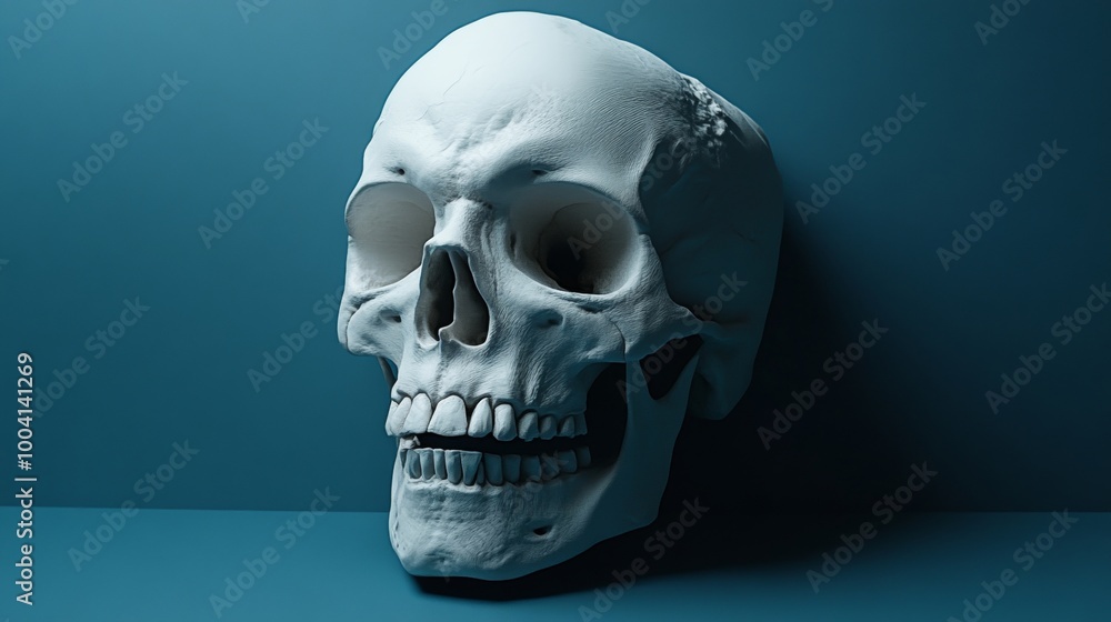 A white skull is shown on a blue background A white skull is shown on a blue background
