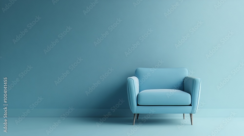 A blue couch sits in front of a blue wall A blue couch sits in front of a blue wall