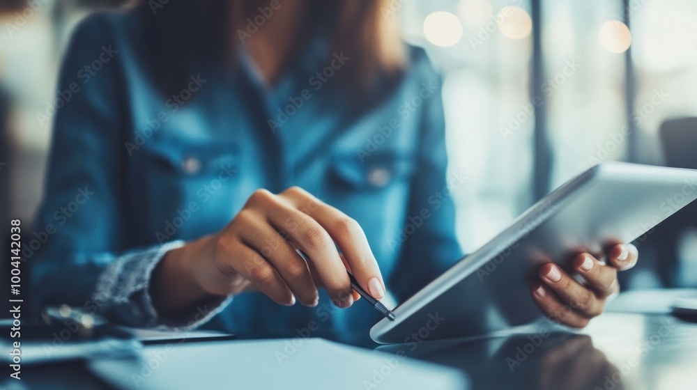 A person using a tablet while sitting at a table, engaged in digital tasks. A person using a tablet while sitting at a table, engaged in digital tasks.