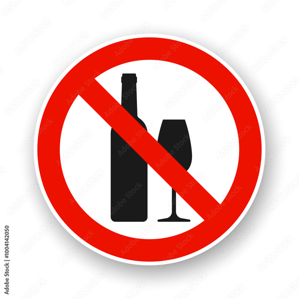 No alcohol. Round vector icon. Black bottle and glass in red crossed circle on white background. No alcohol. Round vector icon. Black bottle and glass in red crossed circle on white background.
