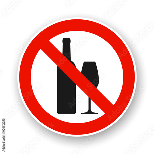 No alcohol. Round vector icon. Black bottle and glass in red crossed circle on white background.