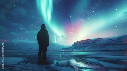 A solitary figure gazes up at the vibrant northern lights shimmering over a serene winter landscape in the Arctic