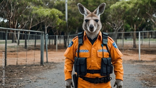  animal artiodactyl mammals kangaroo dressed as a police rescuer uniform AI generated