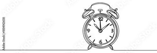 Continuous one line drawing of clock. Clock linear icon. One line drawing background. Vector illustration. Clock linear background