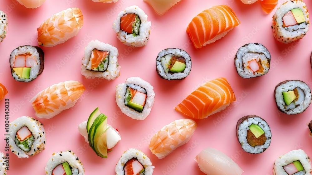 Sushi variety pattern on colorful background Sushi variety pattern on colorful background
