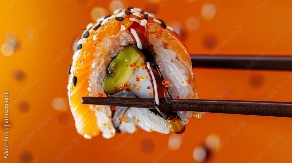 Chopstick holding sushi marinated in soy sauce Chopstick holding sushi marinated in soy sauce
