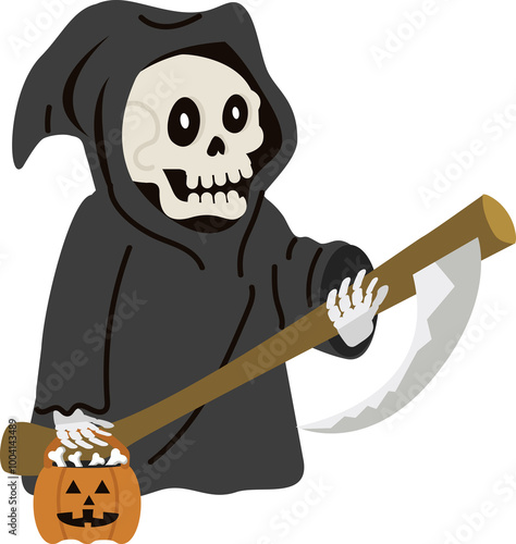 Scary cartoon grim reaper with scythe