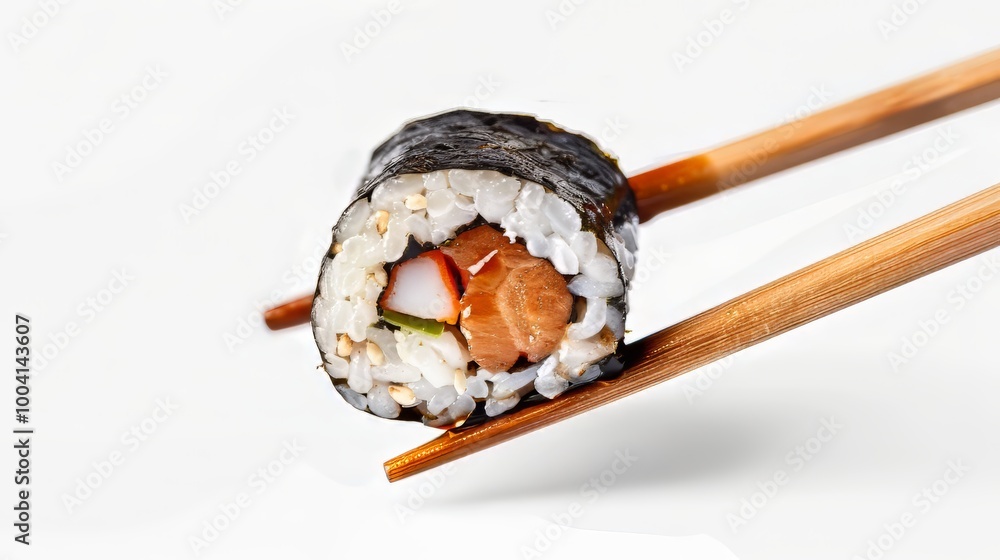 Chopstick holding sushi marinated in soy sauce Chopstick holding sushi marinated in soy sauce
