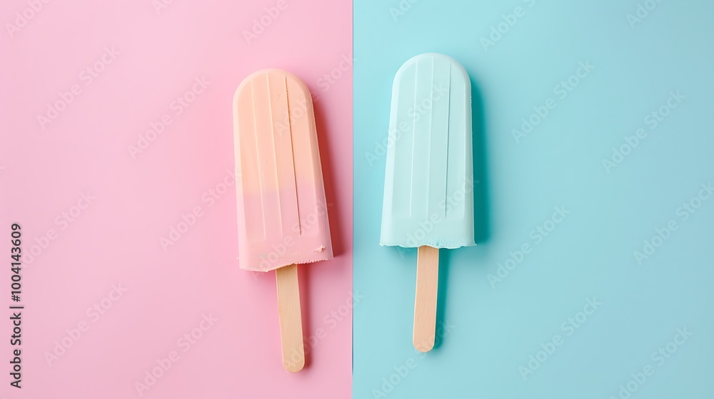 Wooden toy ice lollies on a split bright pastel pink and blue background Wooden toy ice lollies on a split bright pastel pink and blue background