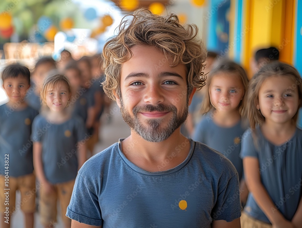 a person smiling with a group of kids in the background
a person smiling with a group of kids in the background