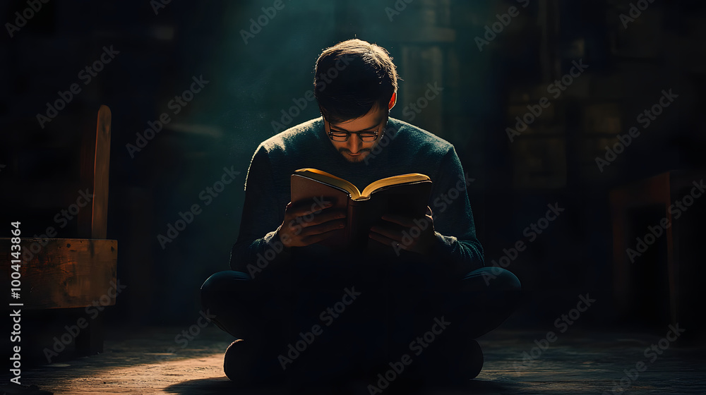 A man read the holy bible and prayers for the blessing of Christ. The atmosphere light from above represents a symbol of hope and salvation from the Lord . Christian life crisis prayer to god. A man read the holy bible and prayers for the blessing of Christ. The atmosphere light from above represents a symbol of hope and salvation from the Lord . Christian life crisis prayer to god.