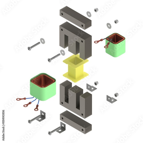 Electric transformer isolated on white background in exploaded view