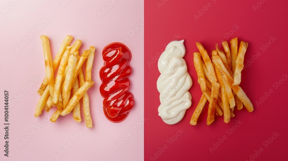 Collage of tasty french fries with ketchup and mayonnaise on pastel background Collage of tasty french fries with ketchup and mayonnaise on pastel background