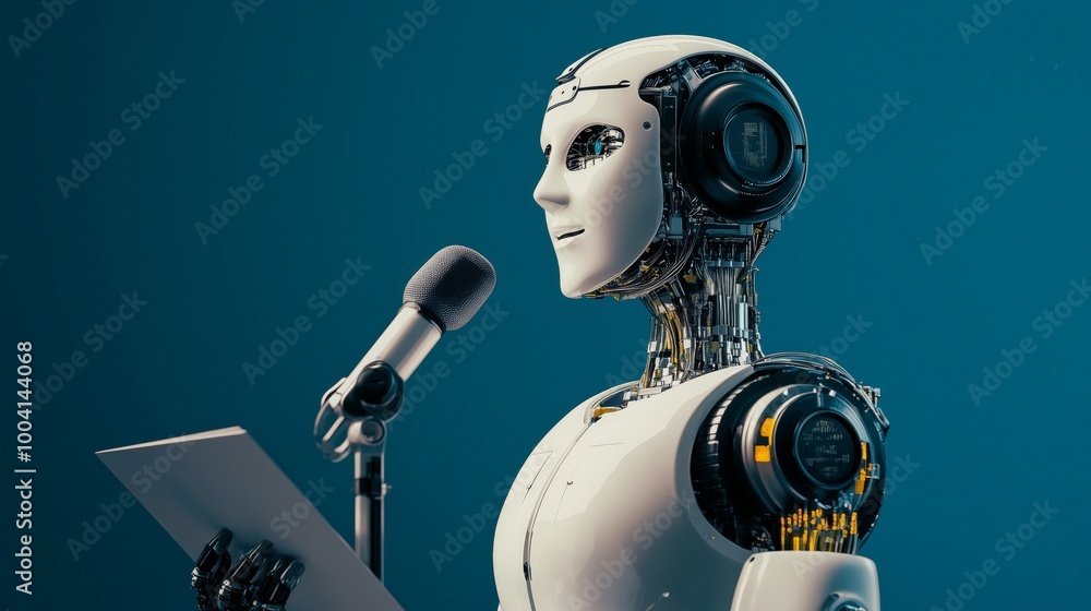 A robot artificial intelligence gives a press release to people A robot artificial intelligence gives a press release to people