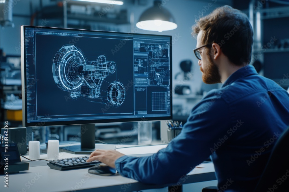 Engineer working on CAD software with technical design Engineer working on CAD software with technical design