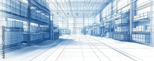 Logistics warehouse wireframe, with a focus on the cargo management system and automated machinery, in a 3D sketch format