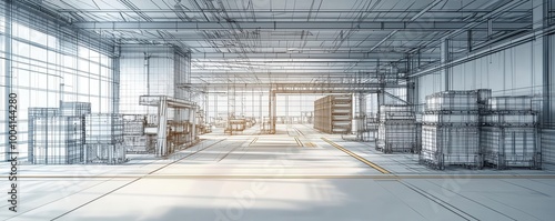 Logistics warehouse wireframe, with a focus on the cargo management system and automated machinery, in a 3D sketch format