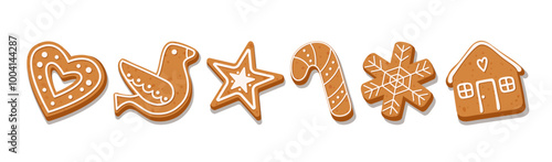 Collection of Christmas ginger cookies includes Gingerbread heart, Gingerbread House, Gingerbread bird, Gingerbread star, Gingerbread cane, Gingerbread snowflake isolated on white background.