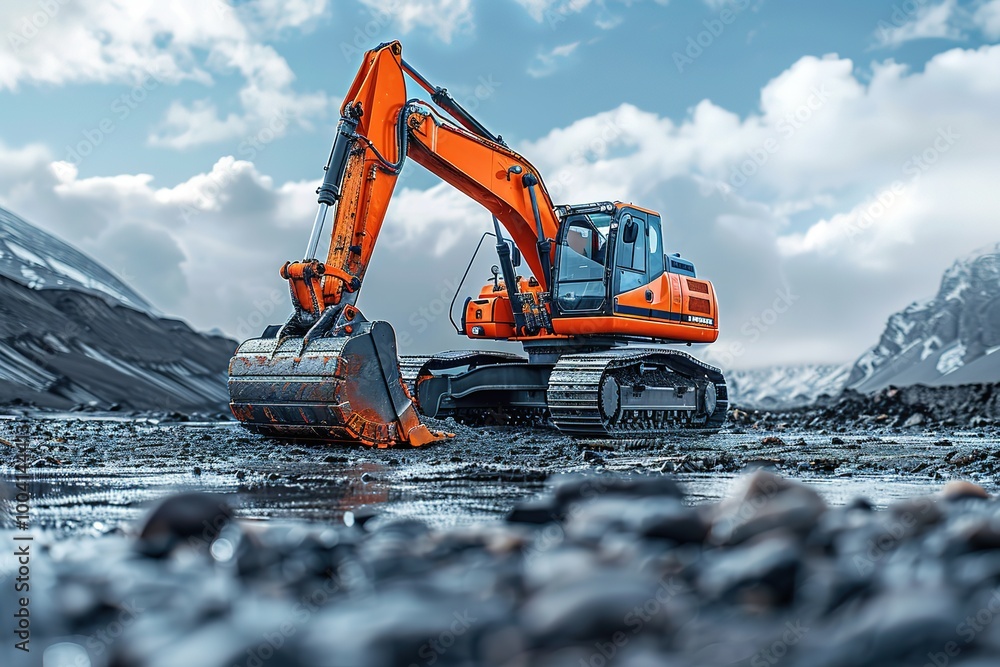 A large orange construction vehicle is parked on a rocky shoreline A large orange construction vehicle is parked on a rocky shoreline