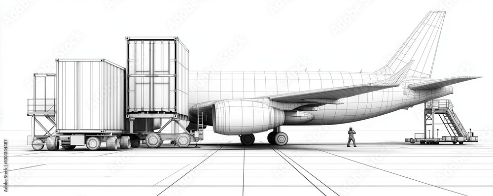 Wireframe of cargo containers being loaded onto a plane, with logistics workers and equipment operating in the background Wireframe of cargo containers being loaded onto a plane, with logistics workers and equipment operating in the background
