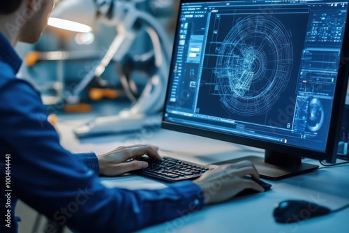 CAD designer analyzing mechanical parts on screen