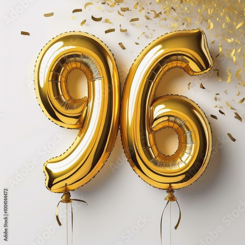 Gold birthday / anniversary balloon, number 96, white background with confetti