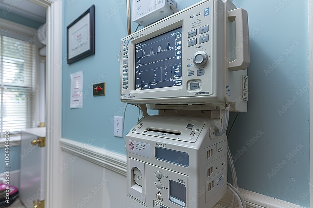 A medical device is mounted on a wall A medical device is mounted on a wall