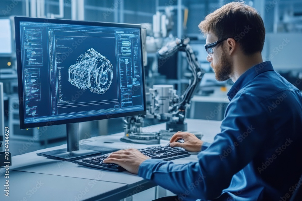 Engineer working on CAD software to design a machine. Engineer working on CAD software to design a machine.