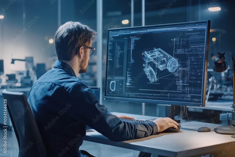 Person working on computer with technical blueprints