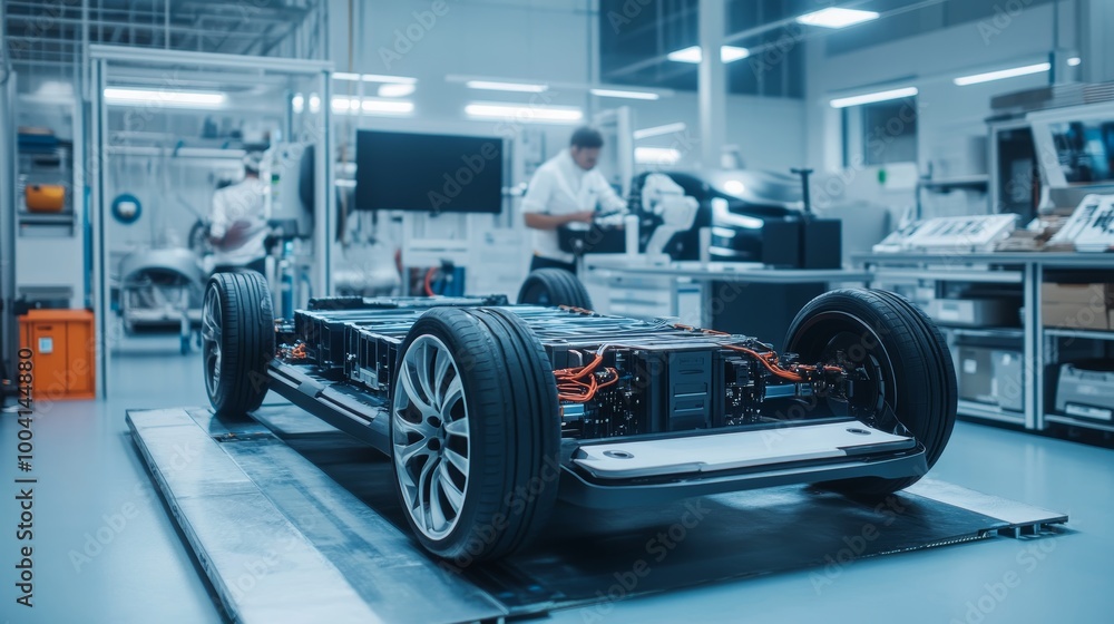 Electric Vehicle Chassis in a Factory. Electric Vehicle Chassis in a Factory.