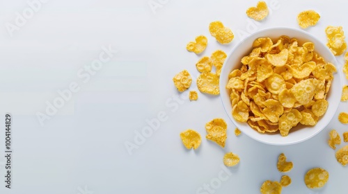 Corn flakes poured out of a white bowl on white background photo