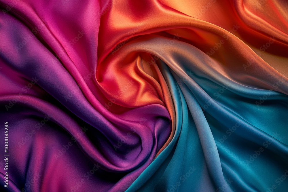 A luxurious silk fabric in vibrant colors, draped in folds with light hitting it at different angles, capturing the softness and sheen of the material. A luxurious silk fabric in vibrant colors, draped in folds with light hitting it at different angles, capturing the softness and sheen of the material.