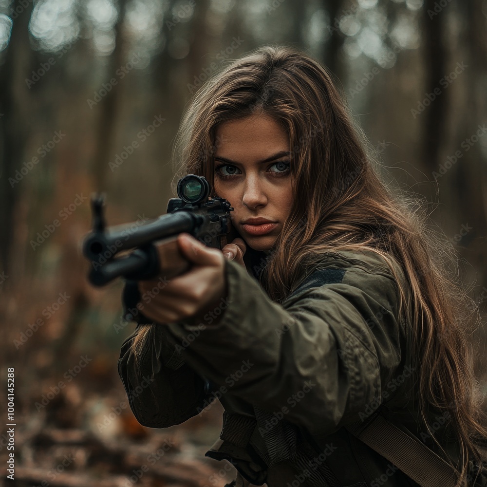 A striking portrait of a supermodel confidently handling a firearm, showcasing strength, precision, and elegance in a professional photograph A striking portrait of a supermodel confidently handling a firearm, showcasing strength, precision, and elegance in a professional photograph