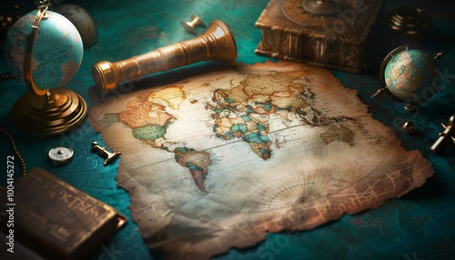 Vintage World Map and Globe on Teal Background photo