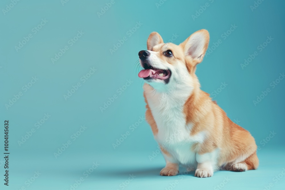 A playful corgi sits on a bright blue background, showcasing its friendly expression and fluffy coat during a studio photoshoot A playful corgi sits on a bright blue background, showcasing its friendly expression and fluffy coat during a studio photoshoot