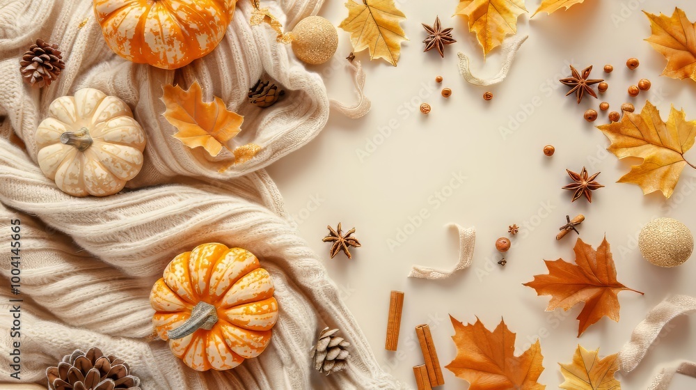 Fototapeta premium Autumn composition, warm blanket, miniature pumpkins, golden leaves, pine cone