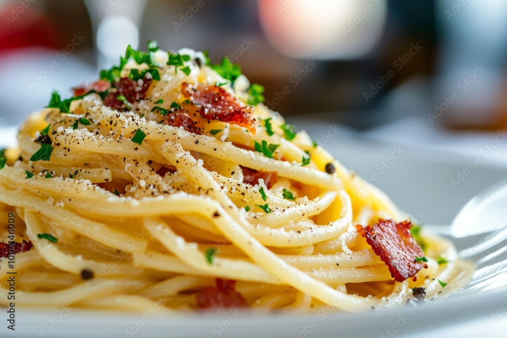 Close-up of a perfectly plated spaghetti carbonara with crispy pancetta, black pepper, and grated cheese Close-up of a perfectly plated spaghetti carbonara with crispy pancetta, black pepper, and grated cheese