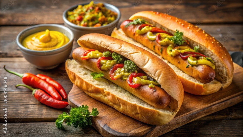 Delicious street food with two pairs of German wieners, spicy mustard, fresh roll Delicious street food with two pairs of German wieners, spicy mustard, fresh roll