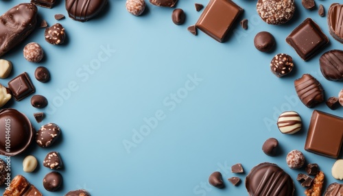 Obraz na płótnie Assorted Chocolates Arranged in a Frame on Blue Background w salonie