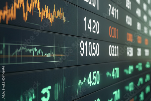 image showcases close up view of digital display board showing cryptocurrency exchange rates, with fluctuating graphs and numerical values. vibrant colors and dynamic data reflect fast paced nature o photo