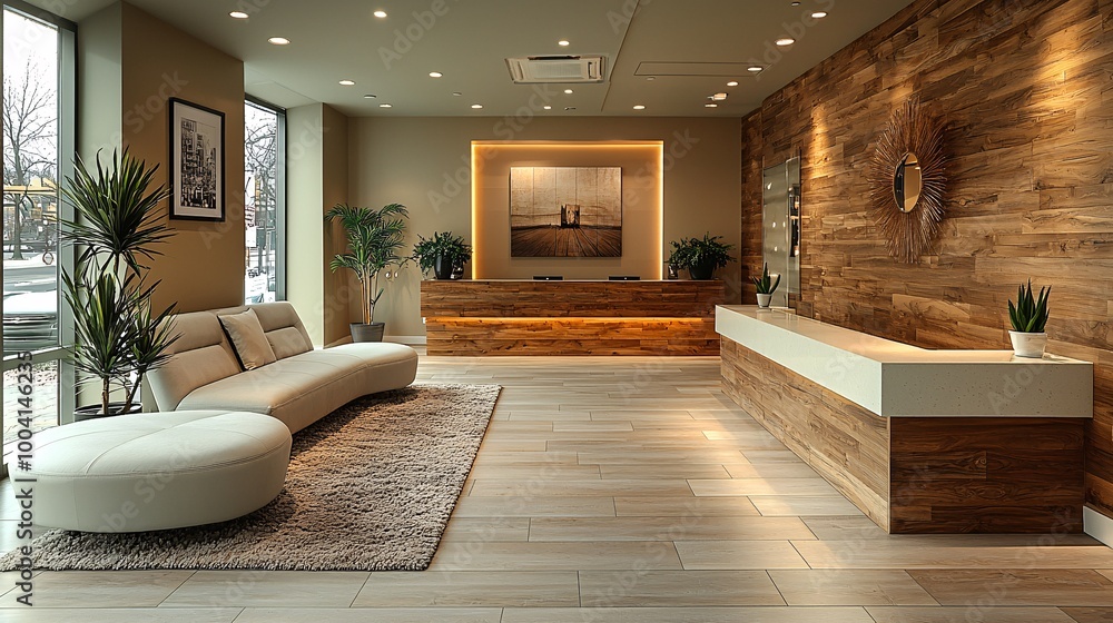 Fototapeta premium A warm, modern reception area with neutral walls, wooden accents, and minimalist d cor