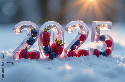 Fototapeta Naklejka Na Ścianę i Meble -  2025 made from fruits and berries in the snow with sunlight