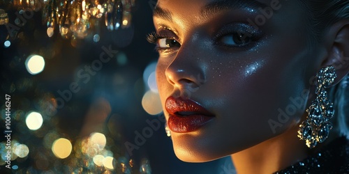 Close-up portrait with sparkling chandelier backdrop.