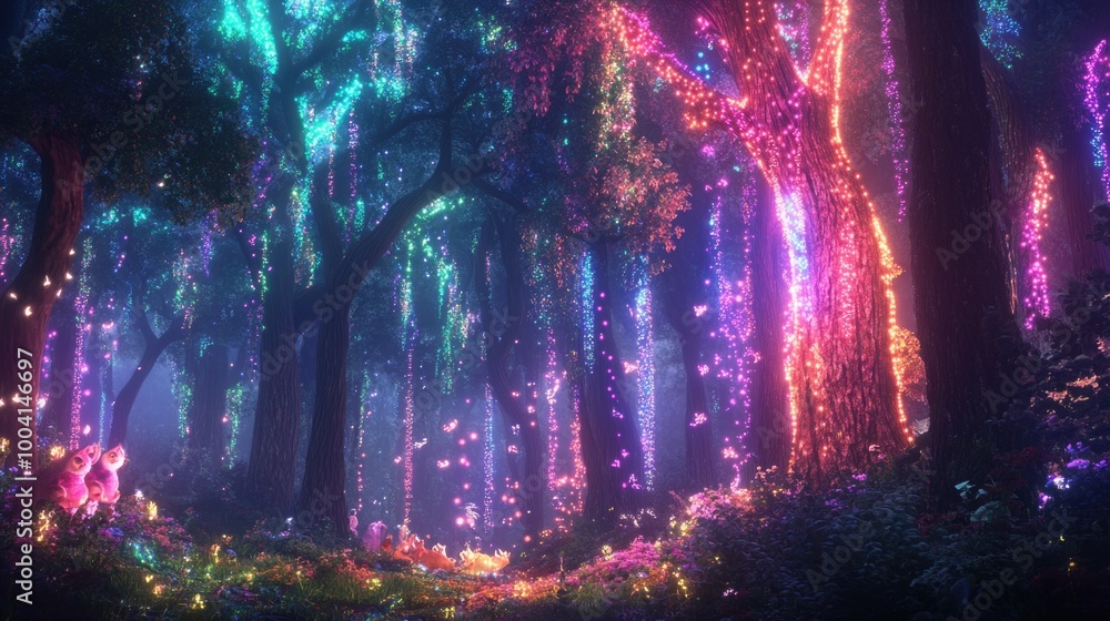 Twinkling lights drape the trees in a colorful forest, enchanting the twilight with a dreamy, magical glow Twinkling lights drape the trees in a colorful forest, enchanting the twilight with a dreamy, magical glow