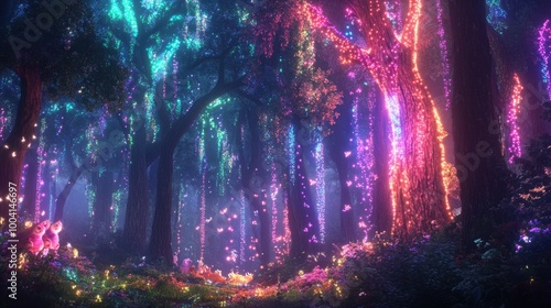 Wallpaper Mural Twinkling lights drape the trees in a colorful forest, enchanting the twilight with a dreamy, magical glow Torontodigital.ca