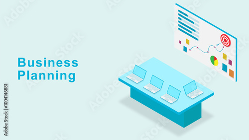 Business planning concept. Empty meeting room, creating financial plan, corporate marketing and startup development with laptop on a table and board isometric