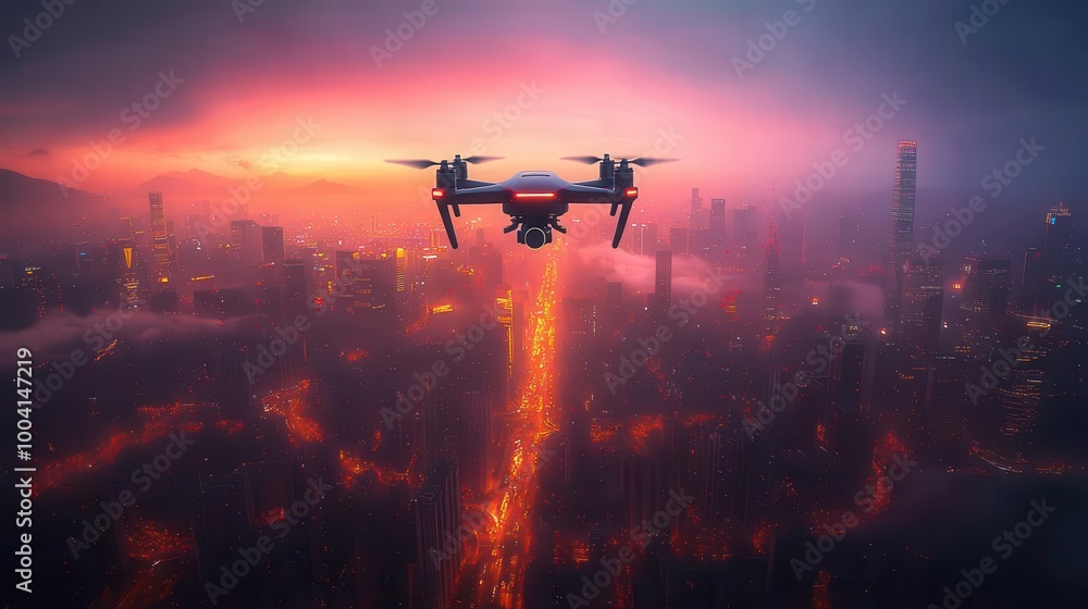 dark drone soaring above a sprawling cityscape at dusk illuminated skyscrapers glowing in the twilight a dramatic contrast of shadows and light creating a sense of mystery and exploration dark drone soaring above a sprawling cityscape at dusk illuminated skyscrapers glowing in the twilight a dramatic contrast of shadows and light creating a sense of mystery and exploration
